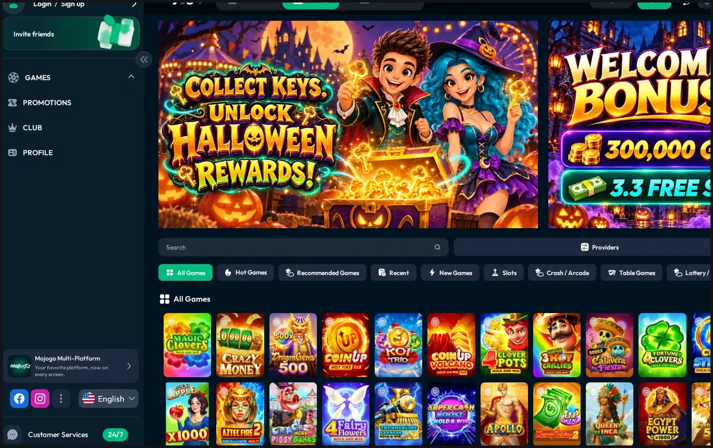 Mojogo casino games lobby, grid of slot game cards with "All Games" category, 19.10.2026