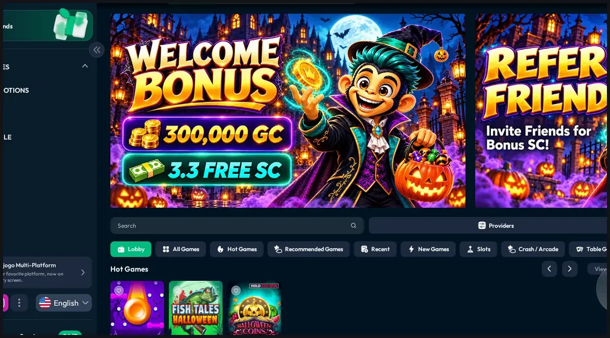 Mojogo promotions page, "Welcome Bonus" with "300,000 GC" and "3.3 FREE SC", 19.10.2026