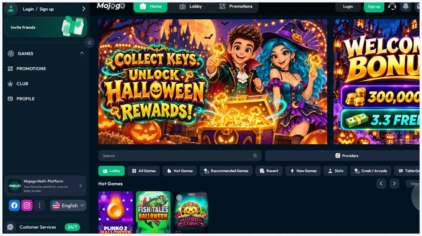 Mojogo home page top section, "Collect Keys, Unlock Halloween Rewards" hero banner, 19.10.2026