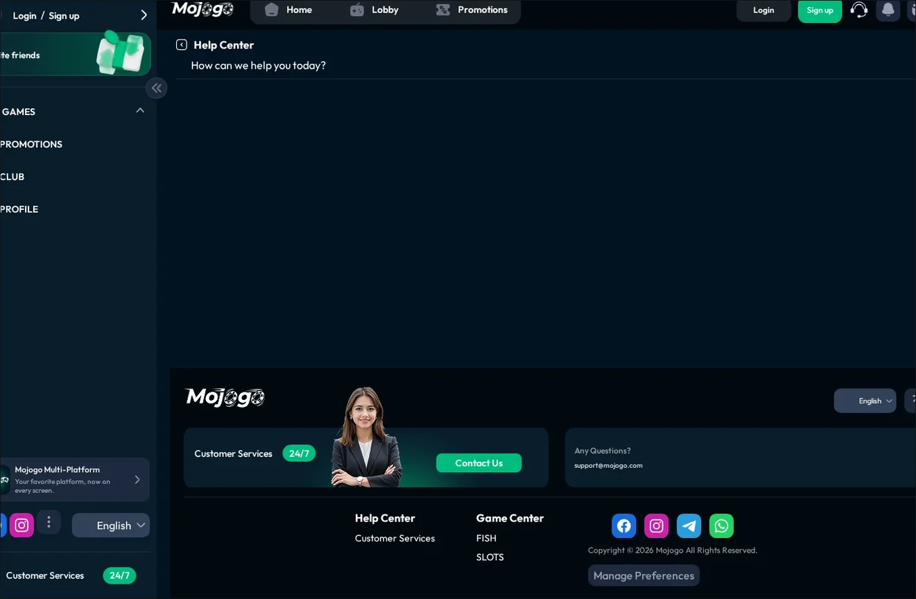 Mojogo Help Center support page, "Contact Us" button with 24/7 customer services indicator, 13.10.2026