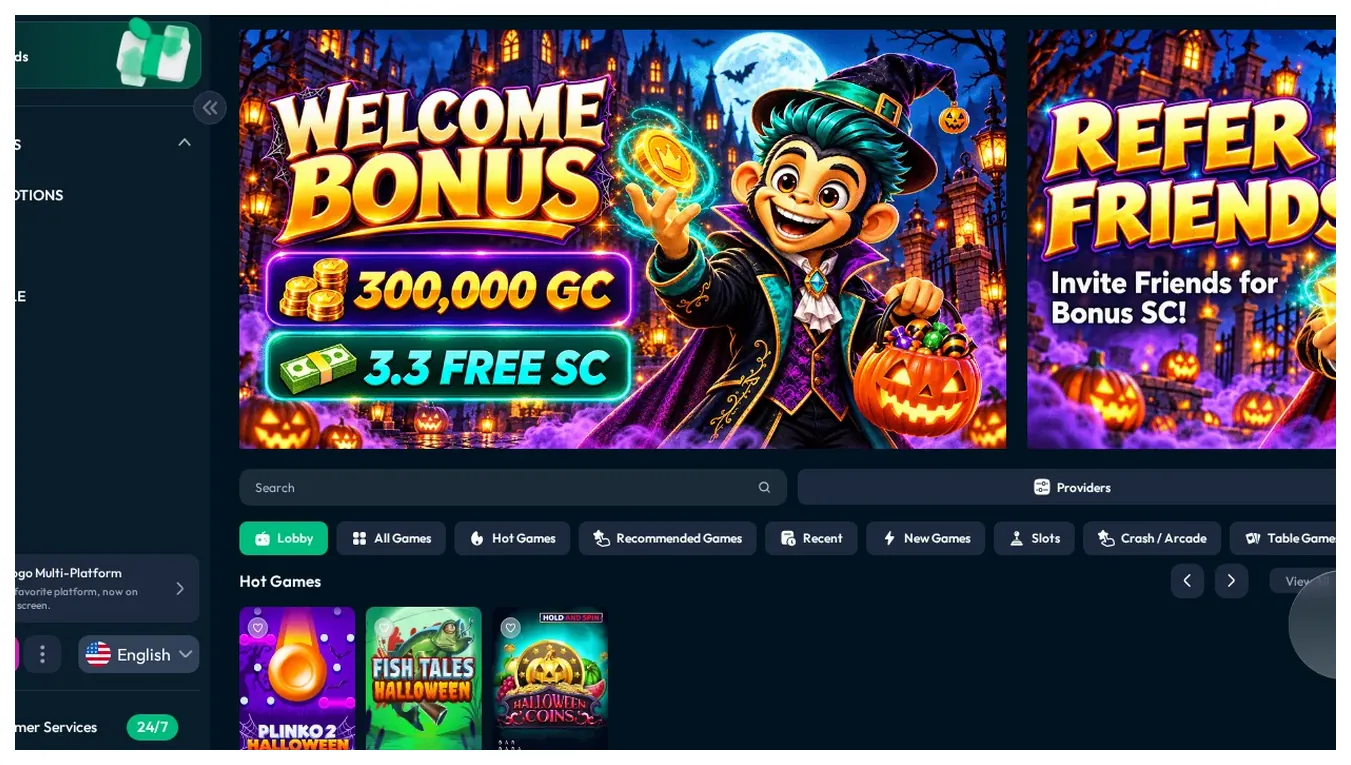 Mojogo promotions page, "Welcome Bonus" banner with 300,000 GC and 3.3 free SC offer, 19.10.2026
