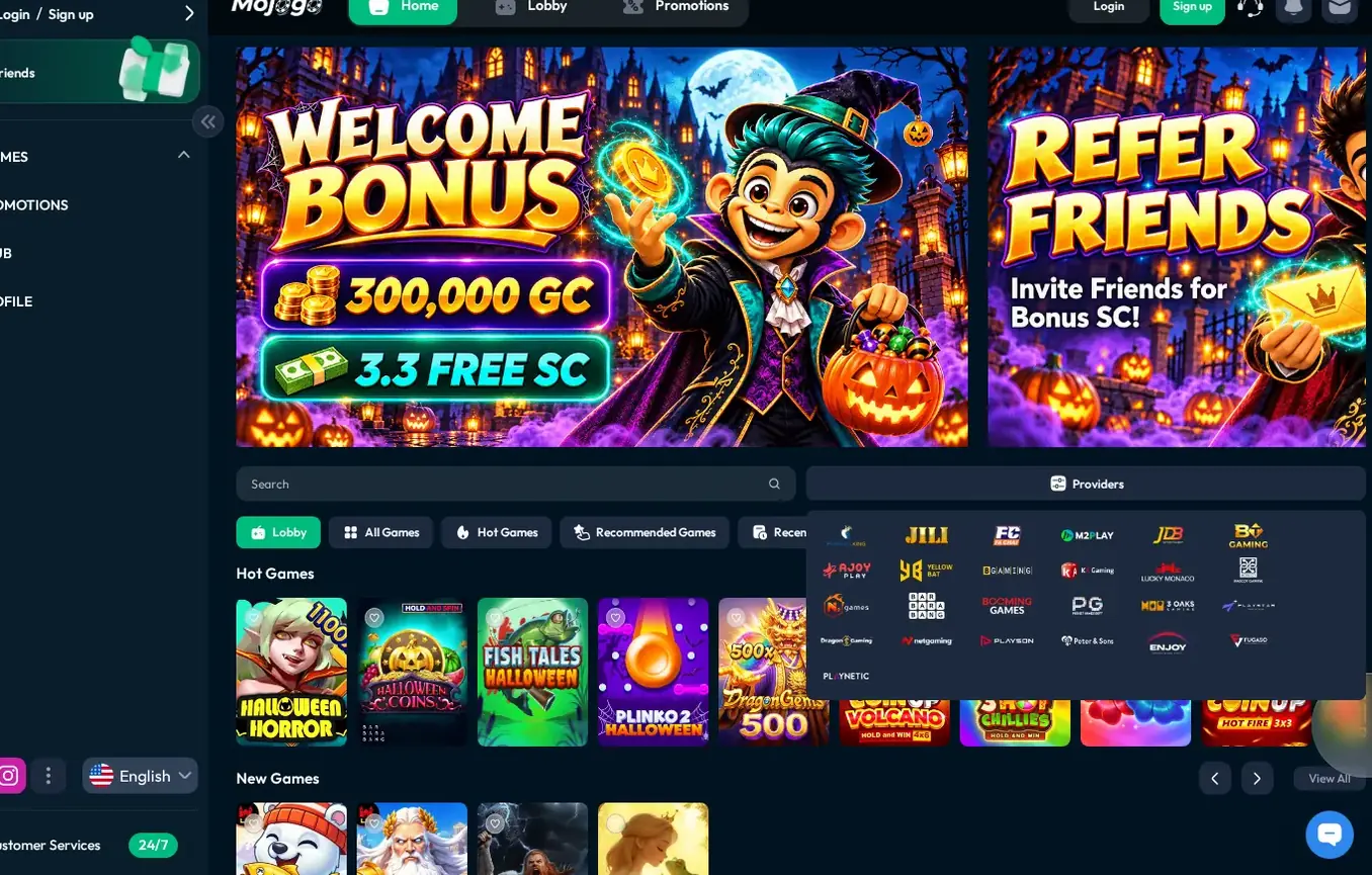 Mojogo home page with providers panel, "Providers" filter showing game studio logos and wordmarks, 23.10.2026