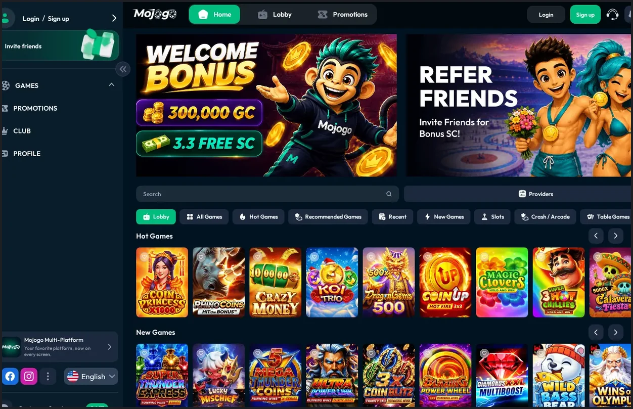 Mojogo casino games lobby, grid of slot game cards with "Hot Games" and "New Games" sections, 13.10.2026