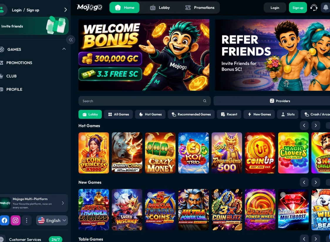 Mojogo home page games lobby, "Hot Games" and "New Games" slot grids with thumbnails, 13.10.2026